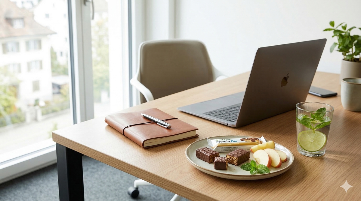 Gesunder Protein-Snack auf einem modernen Schreibtisch neben einem Laptop